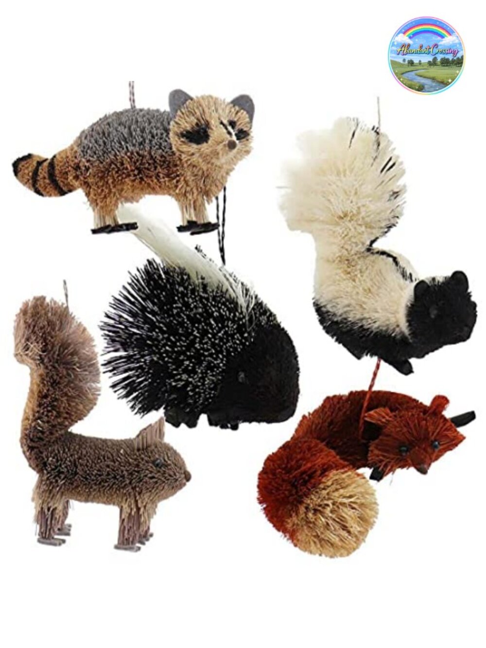 Set of 5 Buri Woodland Animal Christmas Ornaments Rustic Straw Rattan Holiday